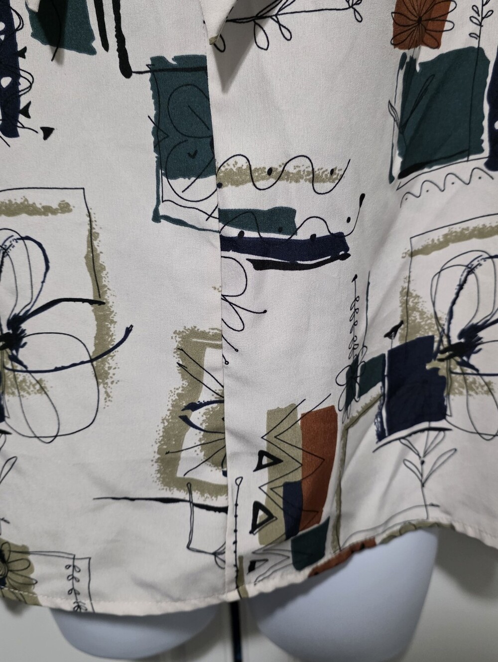 SHEIN Womens Ivory Abstract Geometric Artsy Sketch Print Tie Neck Longsleeve Top - Picture 7 of 16
